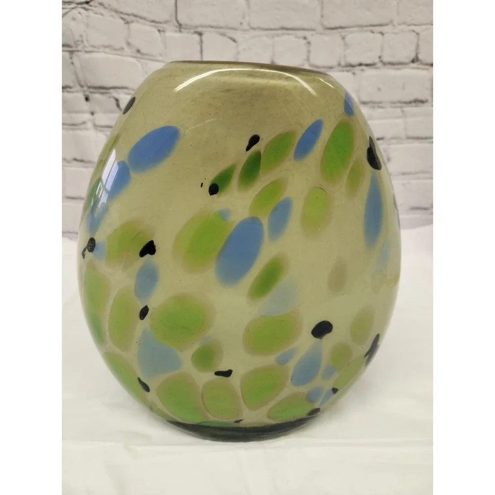 Beautiful Stellar Spotted Vase Hand Blown Glass Art Grey Blue Green Cream Black